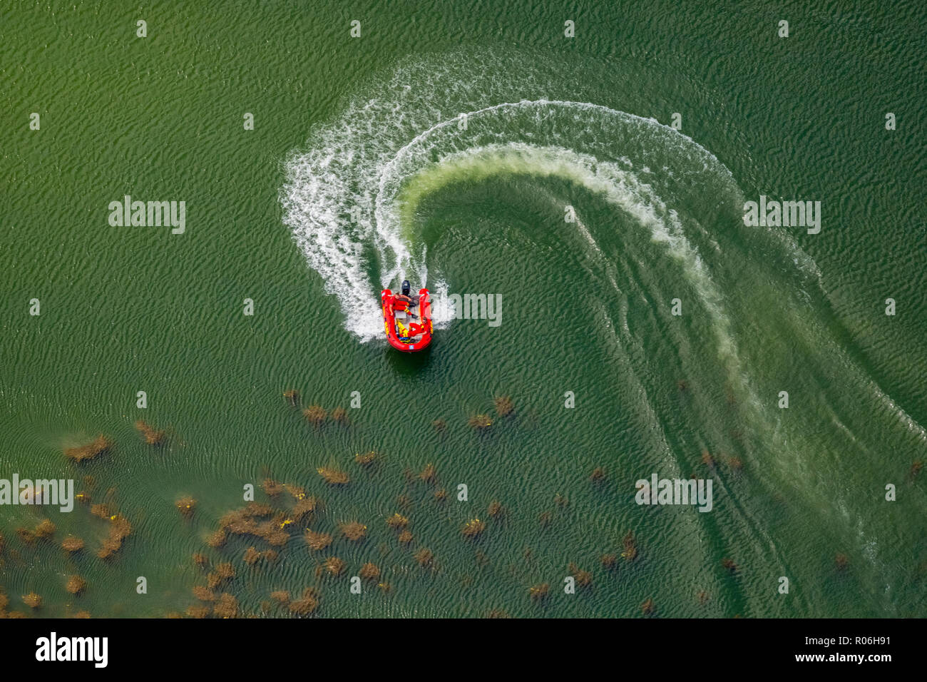 Luftaufnahme, Motorboot am Feldmarksee, DLRG, Rettungsboot, Kurve, Loop, Vennstrasse, Sassenberg, Münsterland, Nordrhein-Westfalen, Deutschland, Europa, DEU Stockfoto