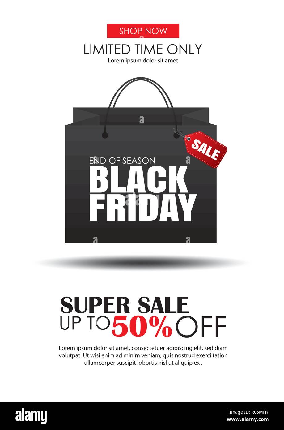 Schwarzer Freitag Verkauf flyer Vorlage. Weißer Hintergrund mit Einkaufstasche. Verwenden Sie für Poster, Newsletter, Shopping, Verkaufsförderung, Werbung. Stock Vektor