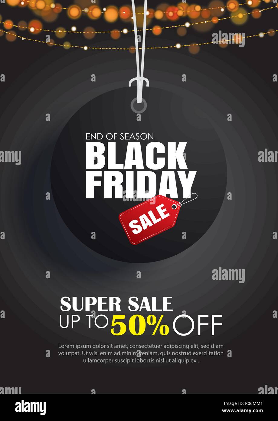 Schwarzer Freitag Verkauf flyer Vorlage. Der dunkle Hintergrund mit Tag hängen. Verwenden Sie für Poster, Newsletter, Shopping, Verkaufsförderung, Werbung. Stock Vektor