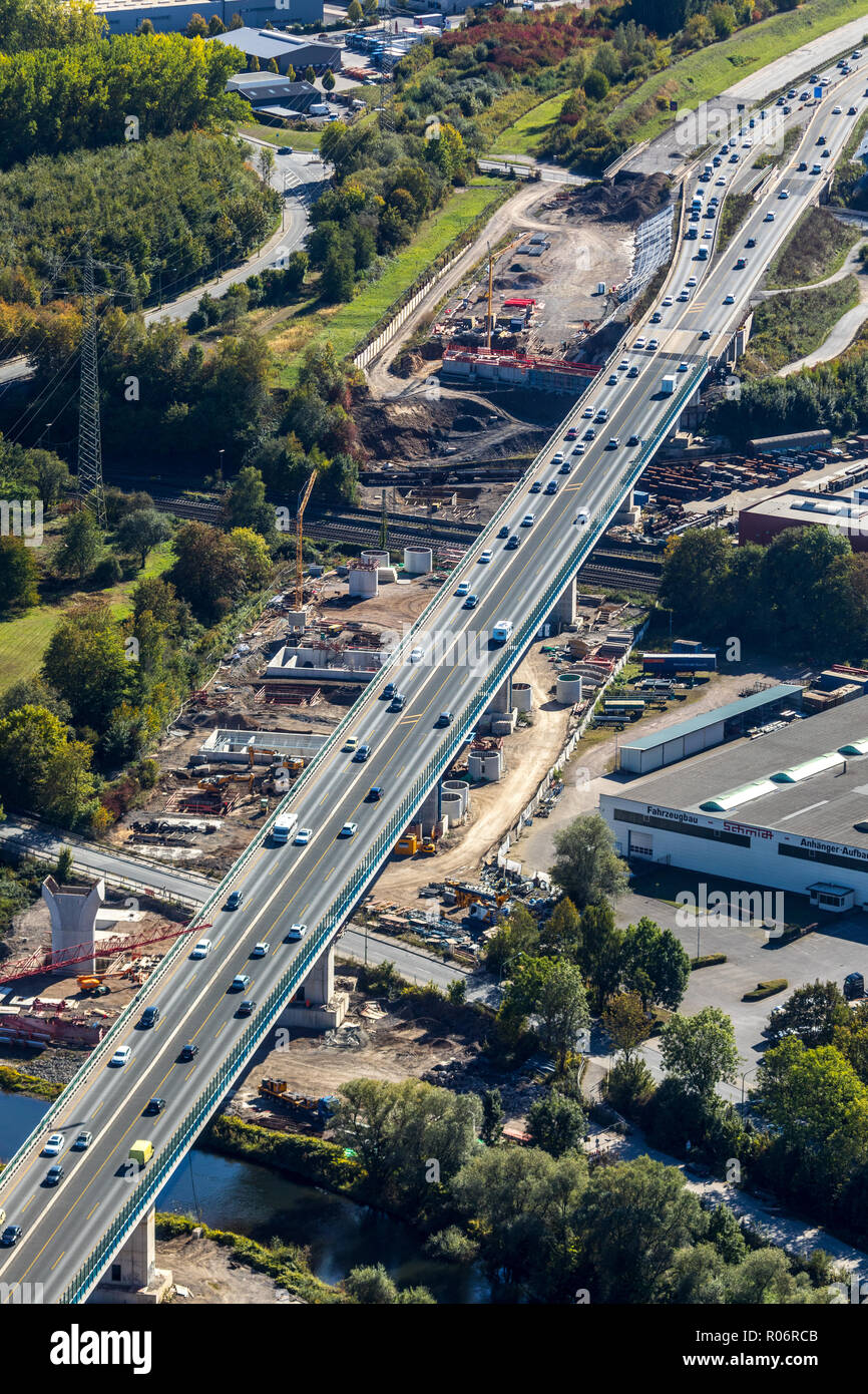 Luftaufnahme, Baustelle Neubau Lennetalbrücke, 45, Am Kahlenberg, Lenne, Hagen, Ruhrgebiet, Nordrhein-Westfalen, Deutschland, Europa, Stockfoto