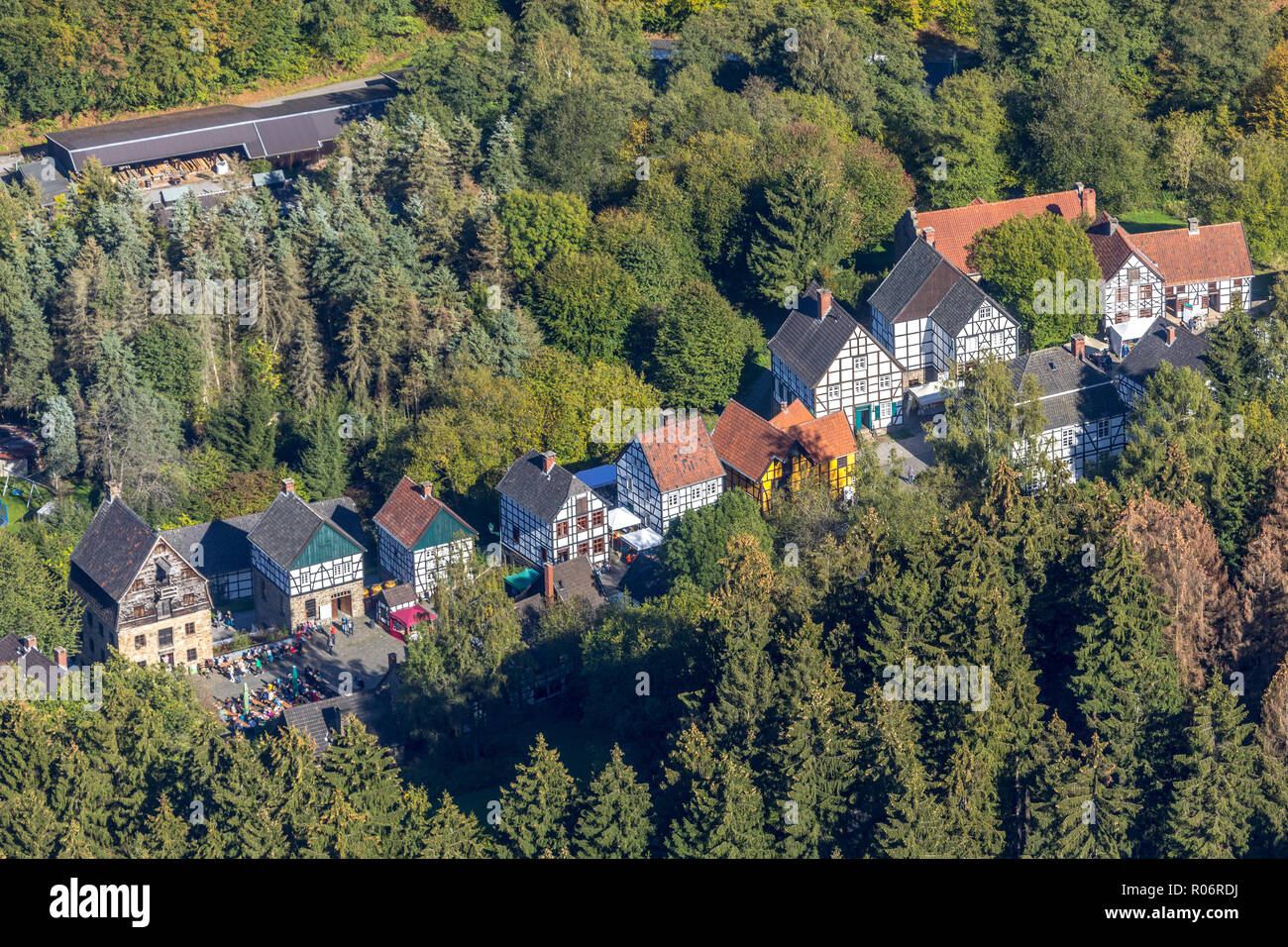 Luftaufnahme, Deutschen Blacksmith Museum, Zink Walzwerk, Fachwerkhäuser, Mäckingerbach Schmalsgotte, Hagen, Ruhrgebiet, Nordrhein-Westfalen, Stockfoto