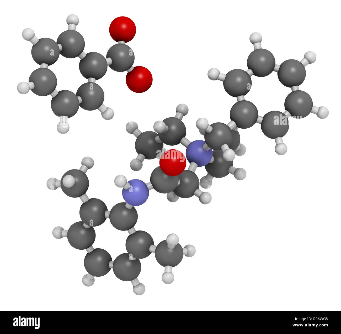 Denatonium Benzoat Hopfenmenge Agent. 3D-Rendering. Atome sind als Kugeln mit konventionellen Farbcodierung vertreten: Wasserstoff (weiß), Kohlenstoff (grau), o Stockfoto