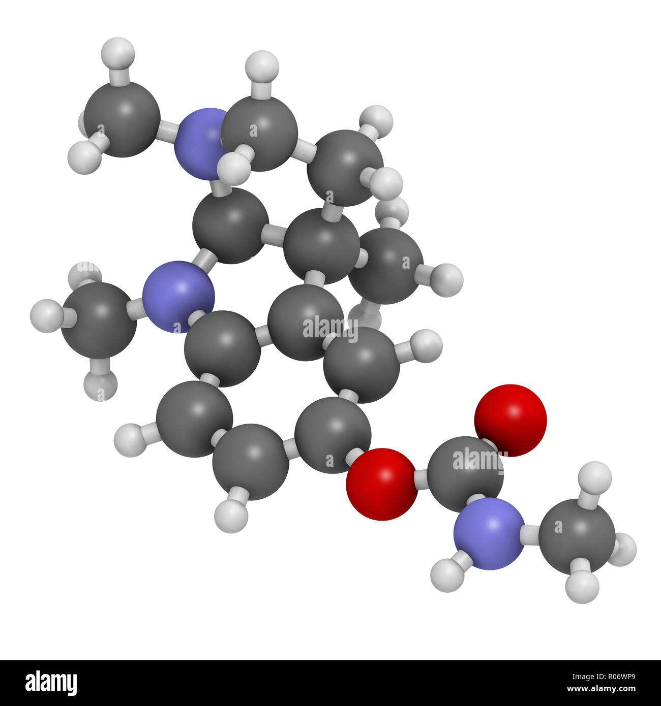 Physostigmin Alkaloid Molekül. Präsentieren Sie in Calabar Bohne und Manchinelbaum Baum, fungiert als Acetylcholinesterase-Hemmer. 3D-Rendering. Atome sind transpa Stockfoto