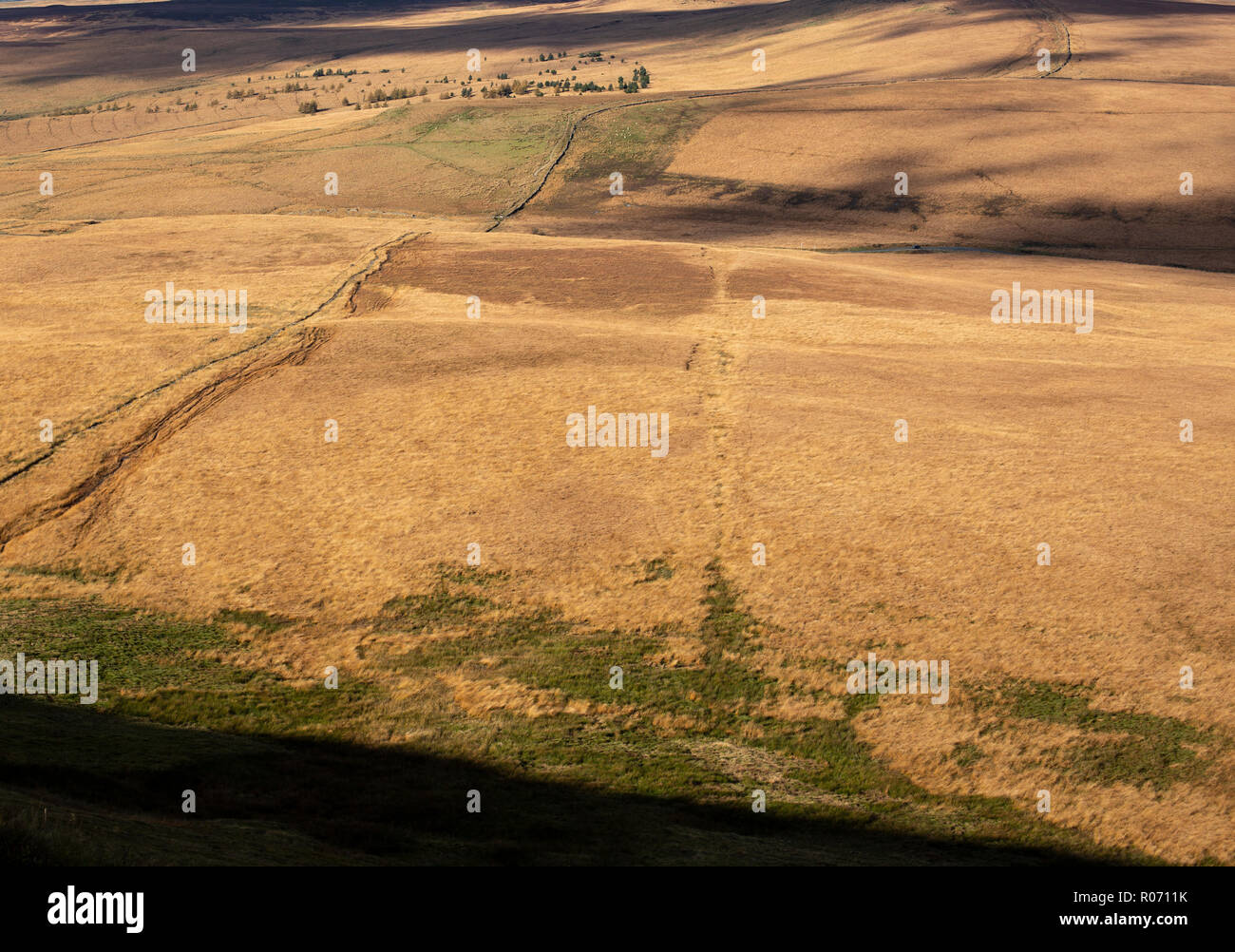 Zerbrochene Steinmauer in die West Pennine Moors Verfahren düsteren Moor. Stockfoto