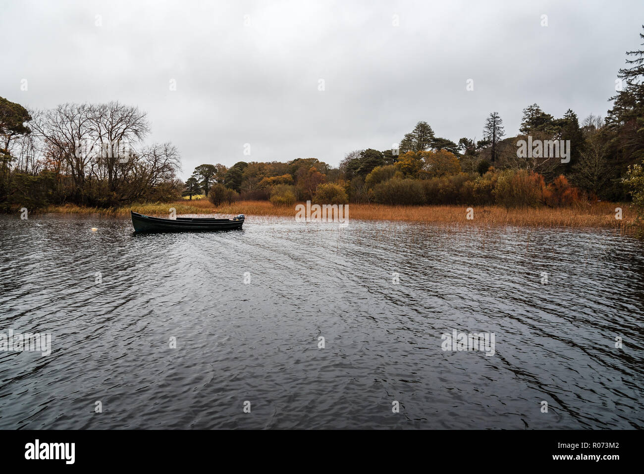 Malerischer Blick auf Boot in See in Killarney einem nebligen Tag gegen Sky Stockfoto