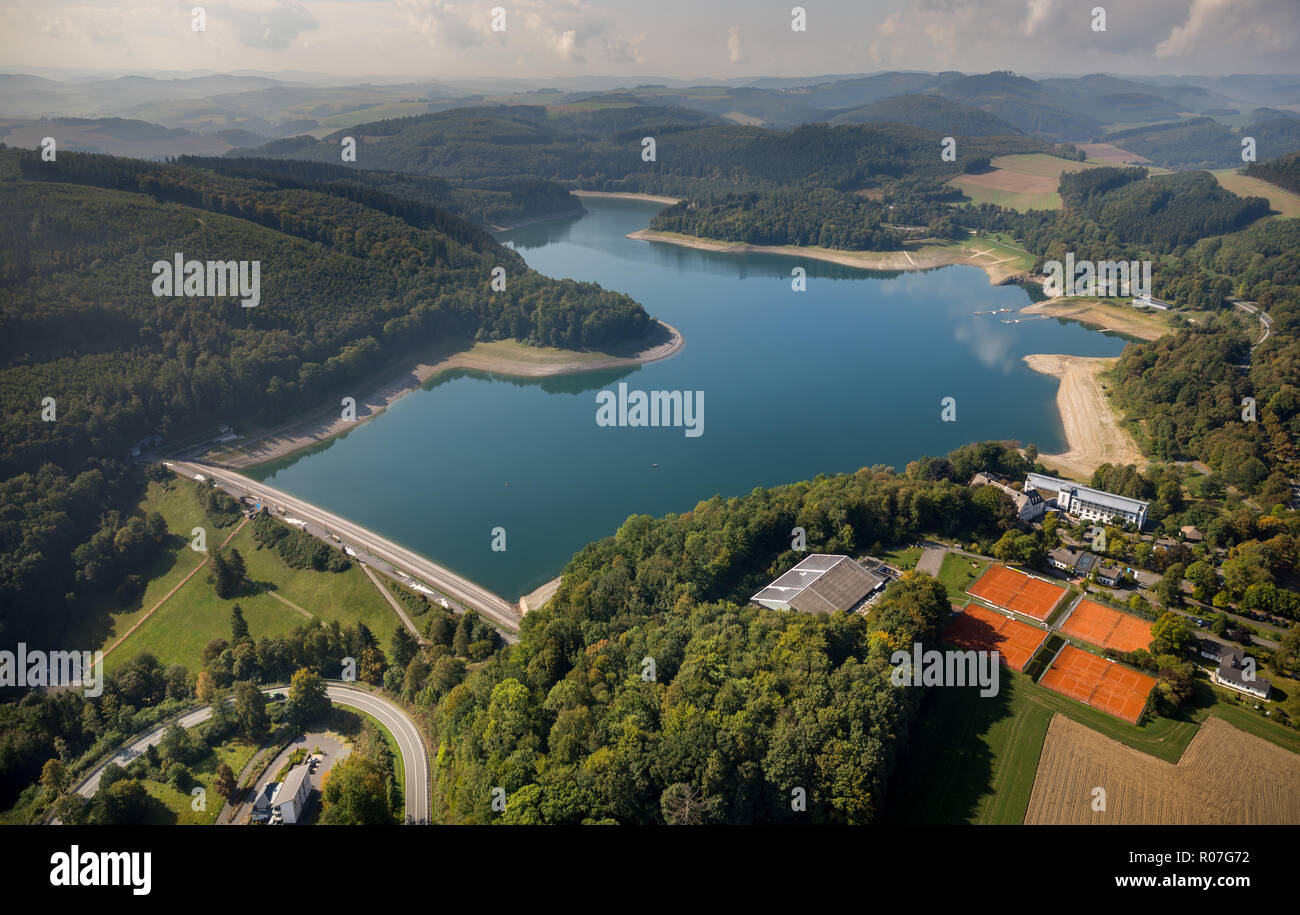 Luftaufnahme, Dam, See, Hennesee im Naturpark Sauerland-Rothaargebirge staut das Wasser der Henne, Behälter, Hennesee bei Ebbe, Berghausen, M Stockfoto