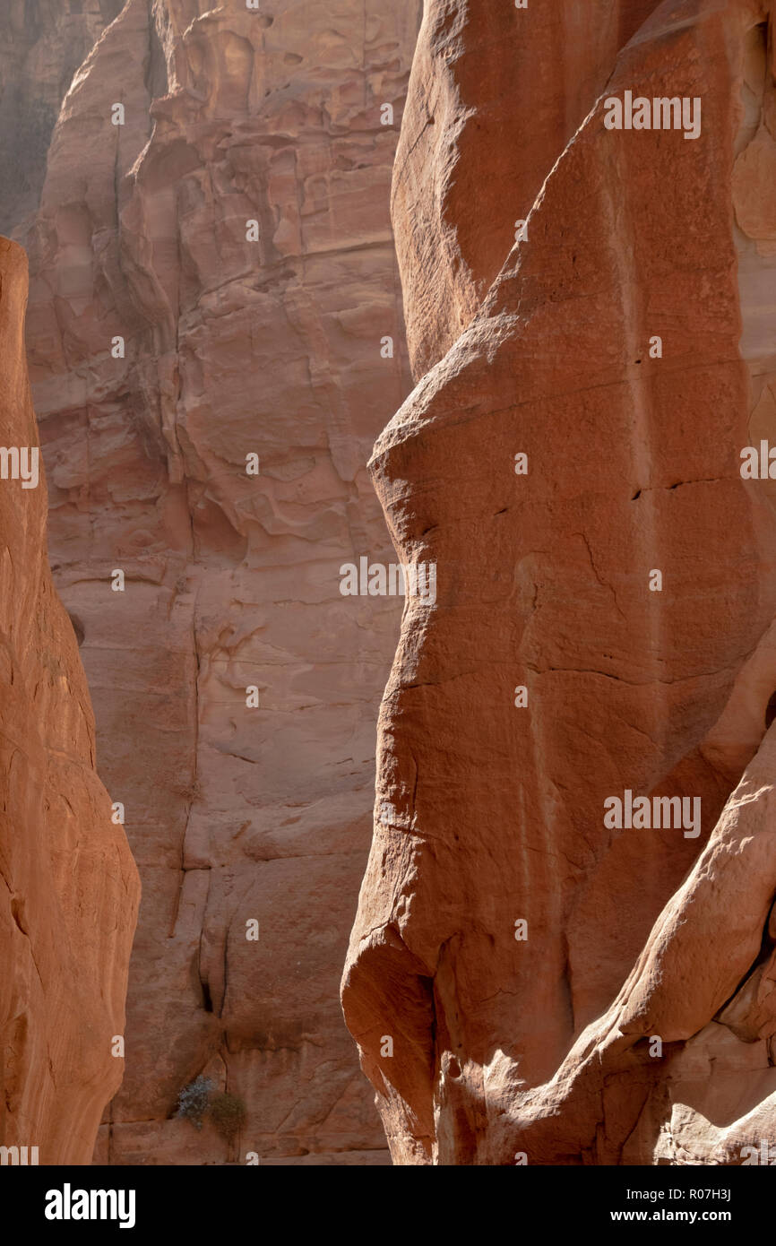 PETRA. Ein Muster von Licht und Schatten auf dem roten Felsen an Petra in Jordanien. Stockfoto