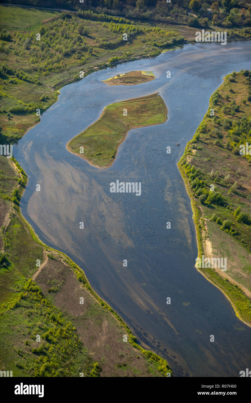 Luftaufnahme, Lippedelta, neuer Öffnung des Mundes, der Ebbe, Sandbänke, Fluss, Mündung in den Rhein, Lippedorf, Wesel, Ruhrgebiet, Niederrhein, nördlich Rhin Stockfoto