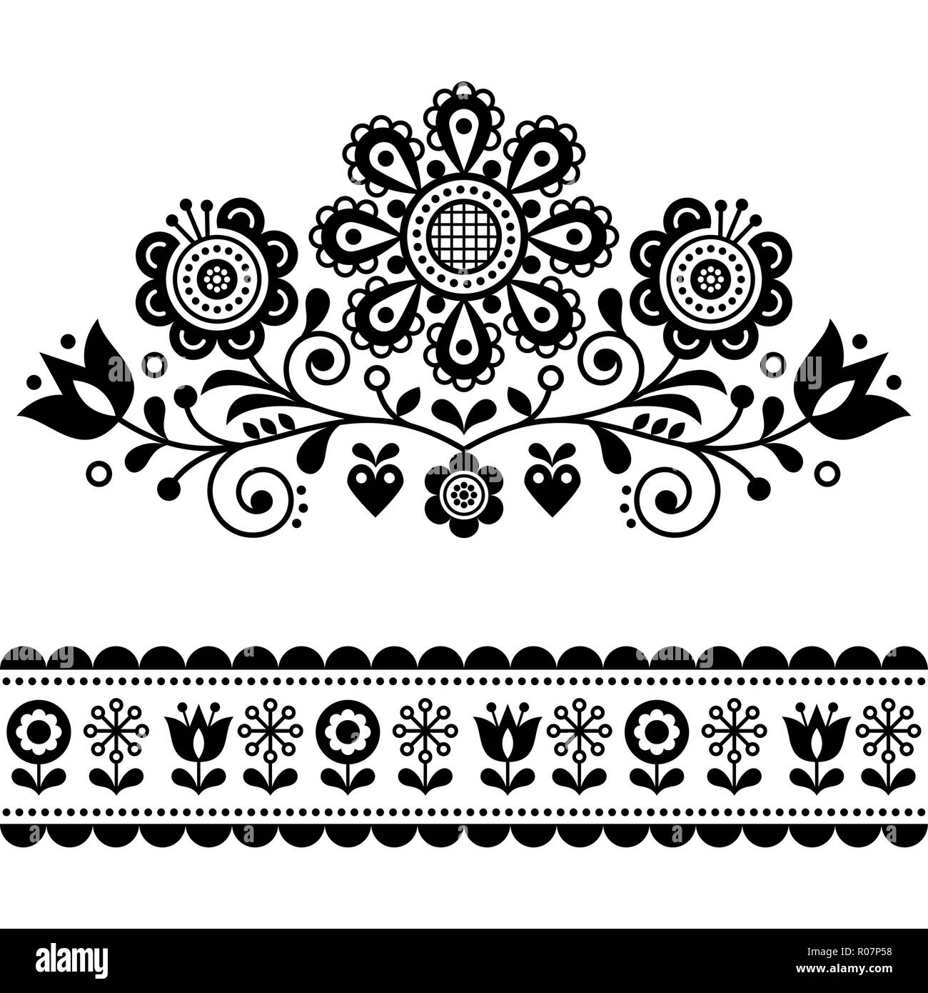 Skandinavische vektor Volkskunst Muster mit Blumen, geblümten Rahmen oder Schwarzen und Weißen design Traditionelle cute monochrome Ornament Stock Vektor