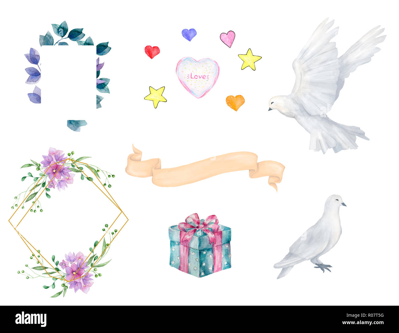 Hochzeit Einladung, floral einladen, Karte, Blumen- und doveVertical geometrische goldene Rahmen drucken und Farbband Weiß Hintergrund Stockfoto