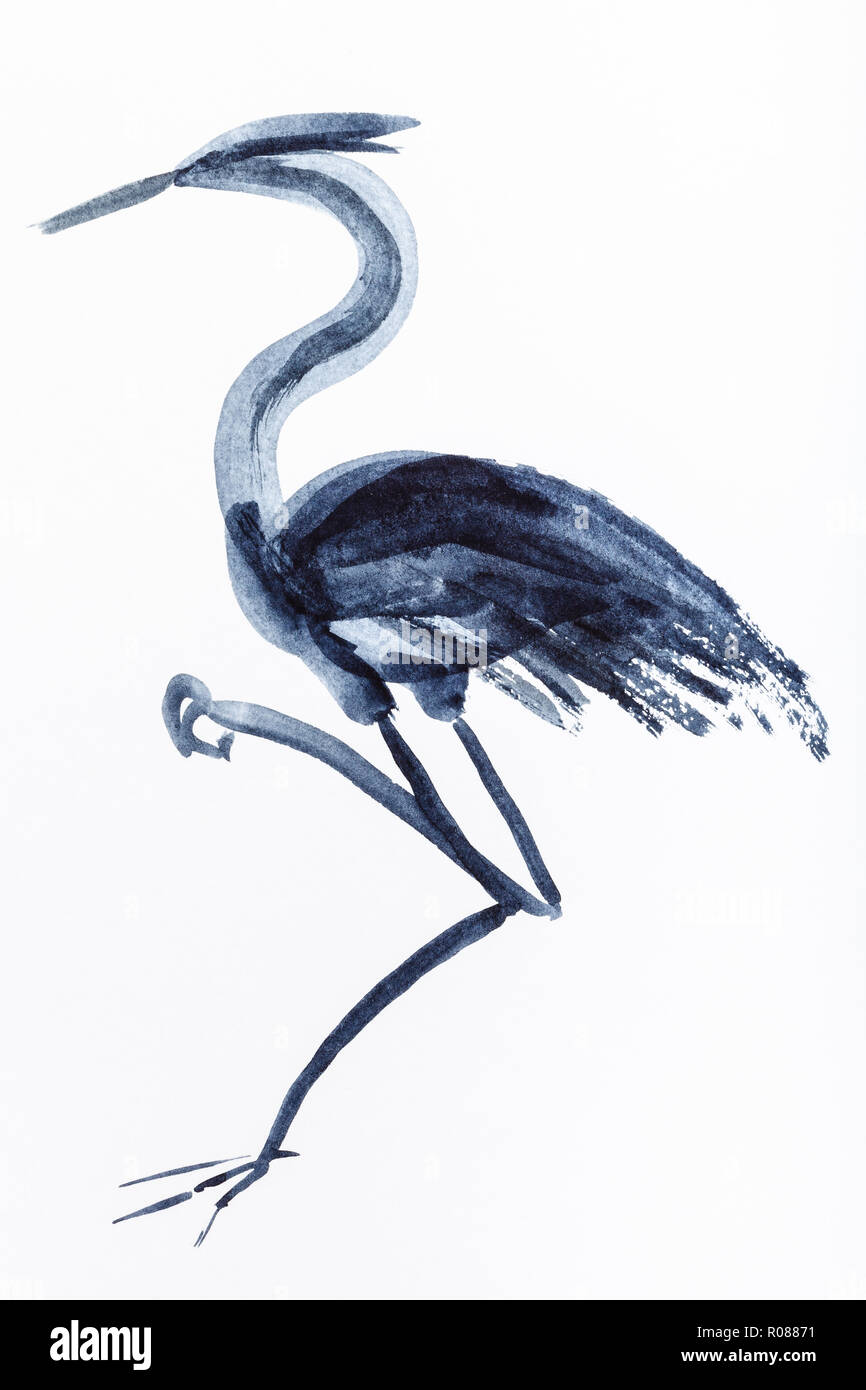 Hand Malerei in Sumi-e Stil auf weißem Papier - heron Vogels durch schwarze Aquarelle gezeichnet Stockfoto