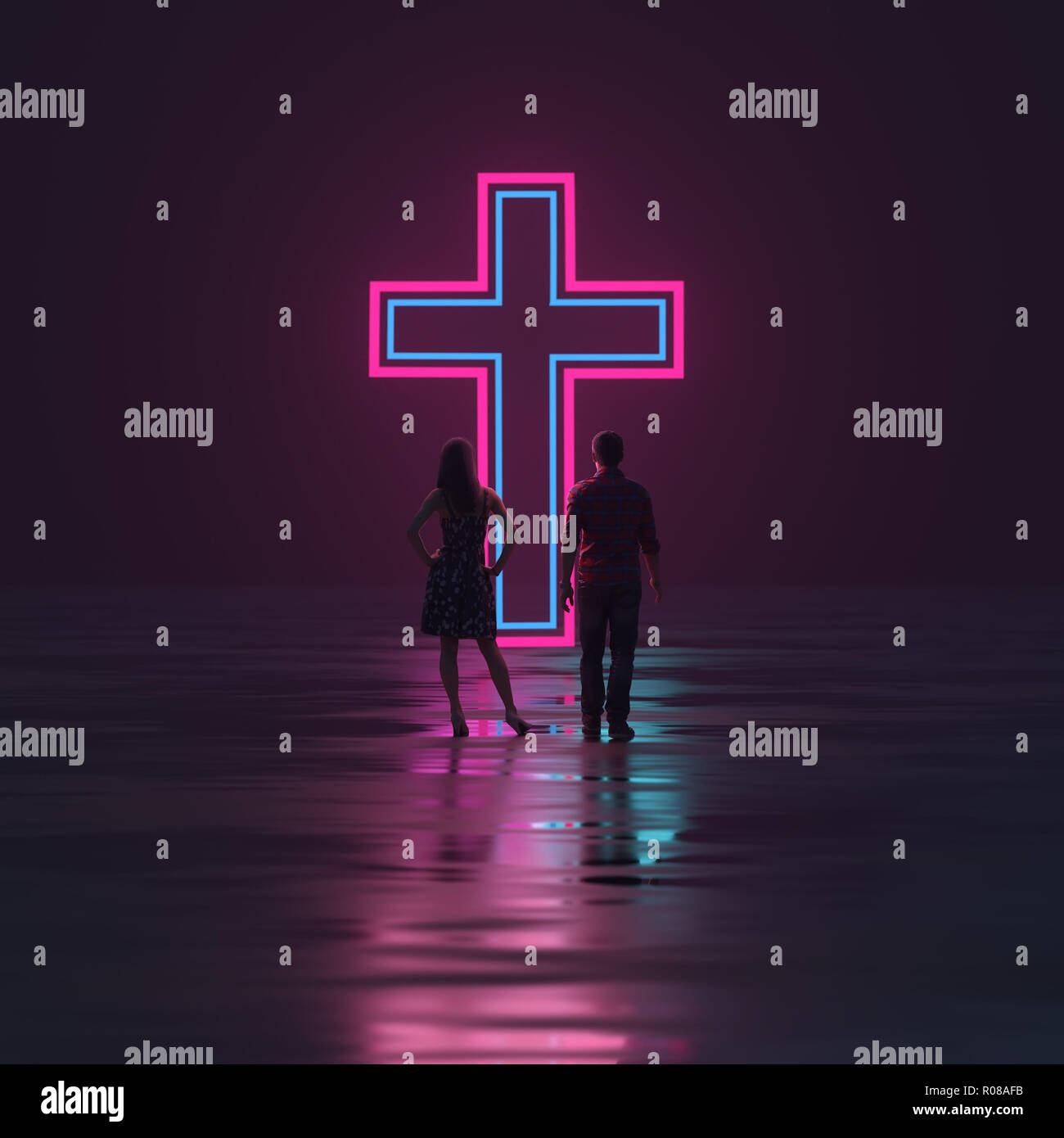 Die Leute schauen auf die leuchtende Kreuz Stockfoto