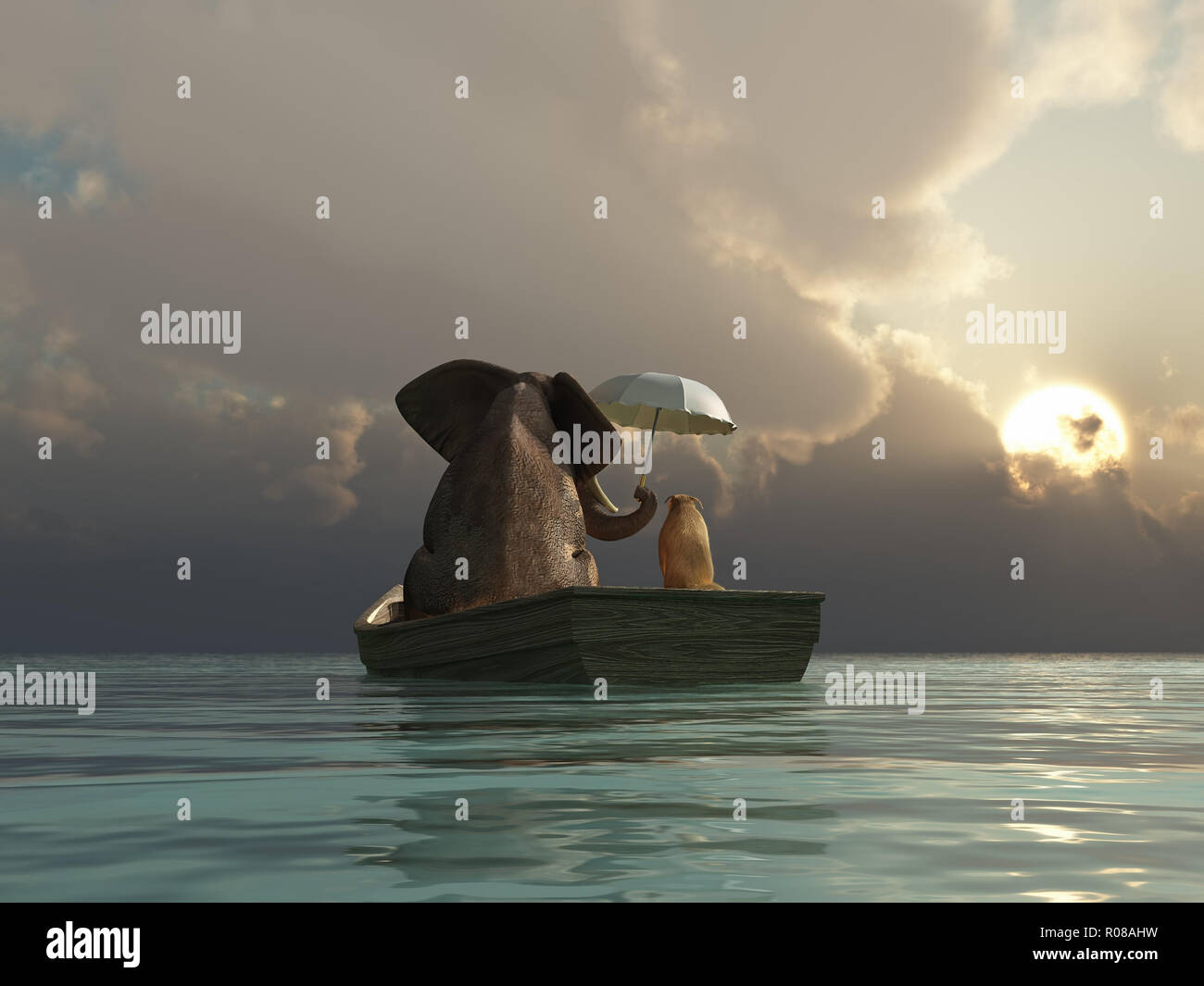 Elefanten und Hund schwimmen in einem Boot Stockfoto