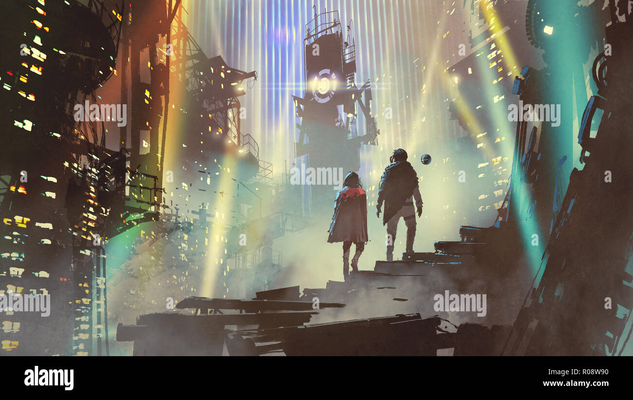 Paar in der futuristischen Stadt bei Nacht mit Gebäuden und Lichtstrahlen, digital art Stil, Illustration Malerei Stockfoto