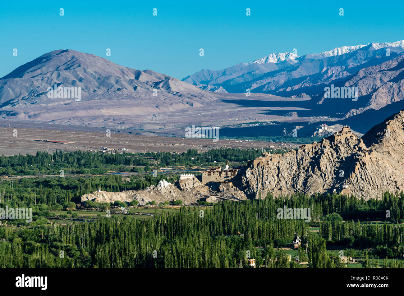 Luftaufnahme von Thiksey Gompa, eines der wichtigsten Klöster in Ladakh, in Shey Gompa und die grüne Indus Tal Stockfoto