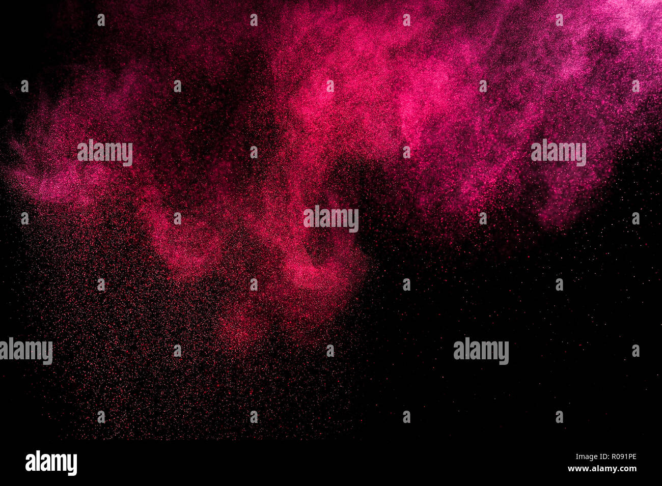 Abstrakt rot und rosa Farbe Holi. Abstrakt rot und rosa Pulver Explosion auf schwarzen Hintergrund. Stockfoto