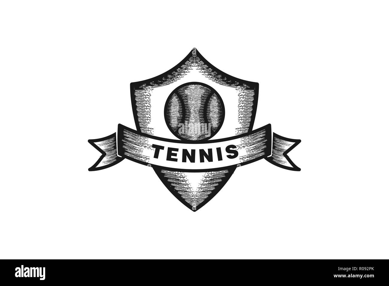 Hand Tennis Badge Logo Designs Inspiration isoliert auf weißem Hintergrund Stock Vektor