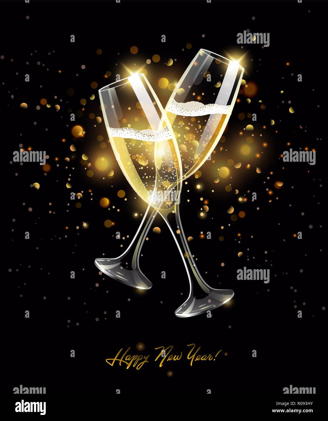 Funkelnde Gläser Champagner auf schwarzem Hintergrund, bokeh Effect mit Vorzeichen Frohes Neues Jahr Stock Vektor