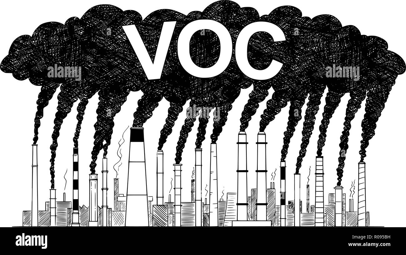 Vektor Künstlerische Zeichnung Abbildung: Rauchende Schlote, Konzept der flüchtigen organischen Verbindungen durch Industrie oder Fabrik als Luftverschmutzung Stock Vektor