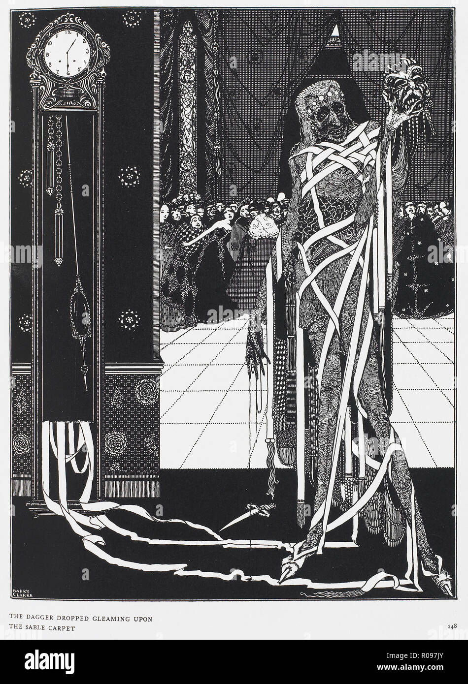 Die MASKE DES ROTEN TODES, 1842 Gothic Horror Kurzgeschichte von Edgar Allan Poe. Illustration von Harry Clarke für eine Ausgabe 1919. Stockfoto