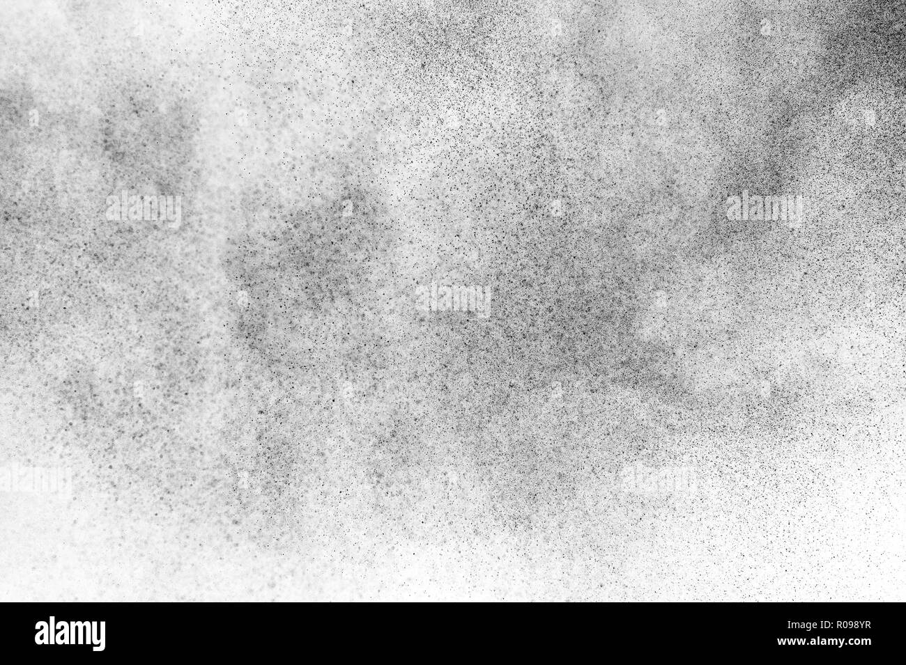 Schwarze Partikel Explosion auf weißem Hintergrund. Abstrakte Staub overlay Textur. Stockfoto