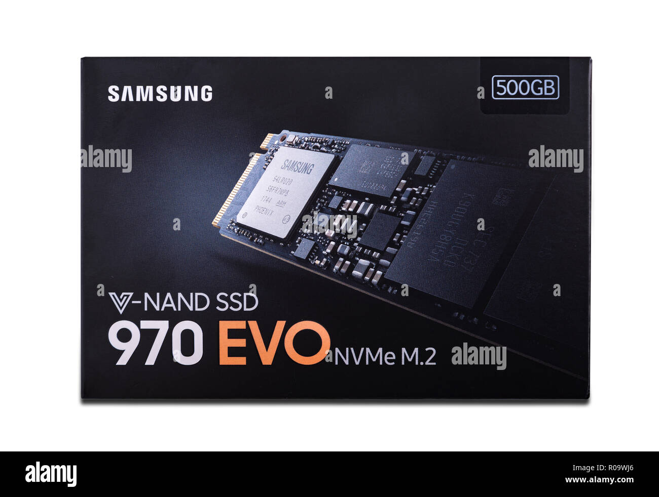 Box von Samsung 970 Evo-SSD-Laufwerk auf weißem Hintergrund. Stockfoto