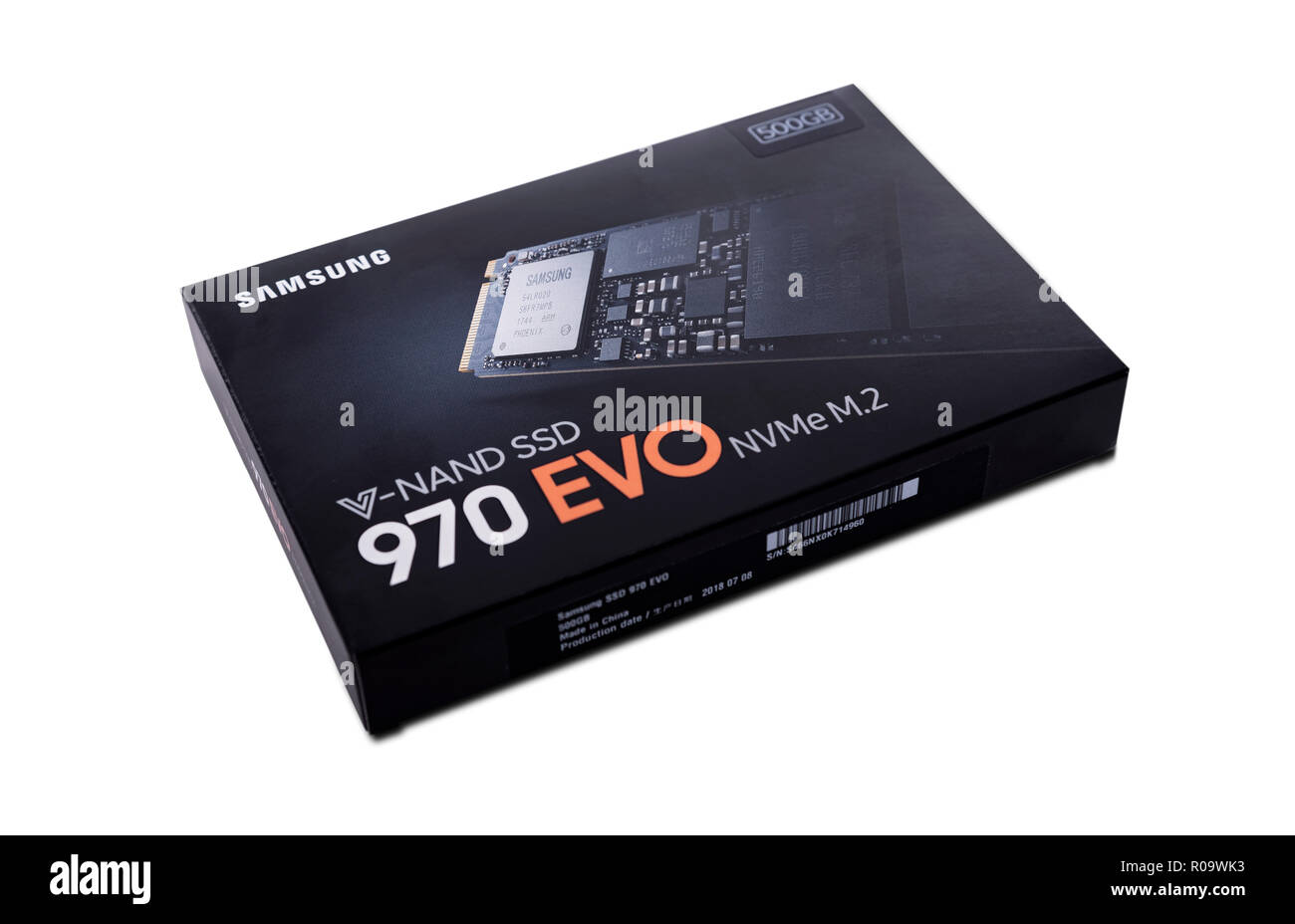Box von Samsung 970 Evo-SSD-Laufwerk auf weißem Hintergrund. Stockfoto