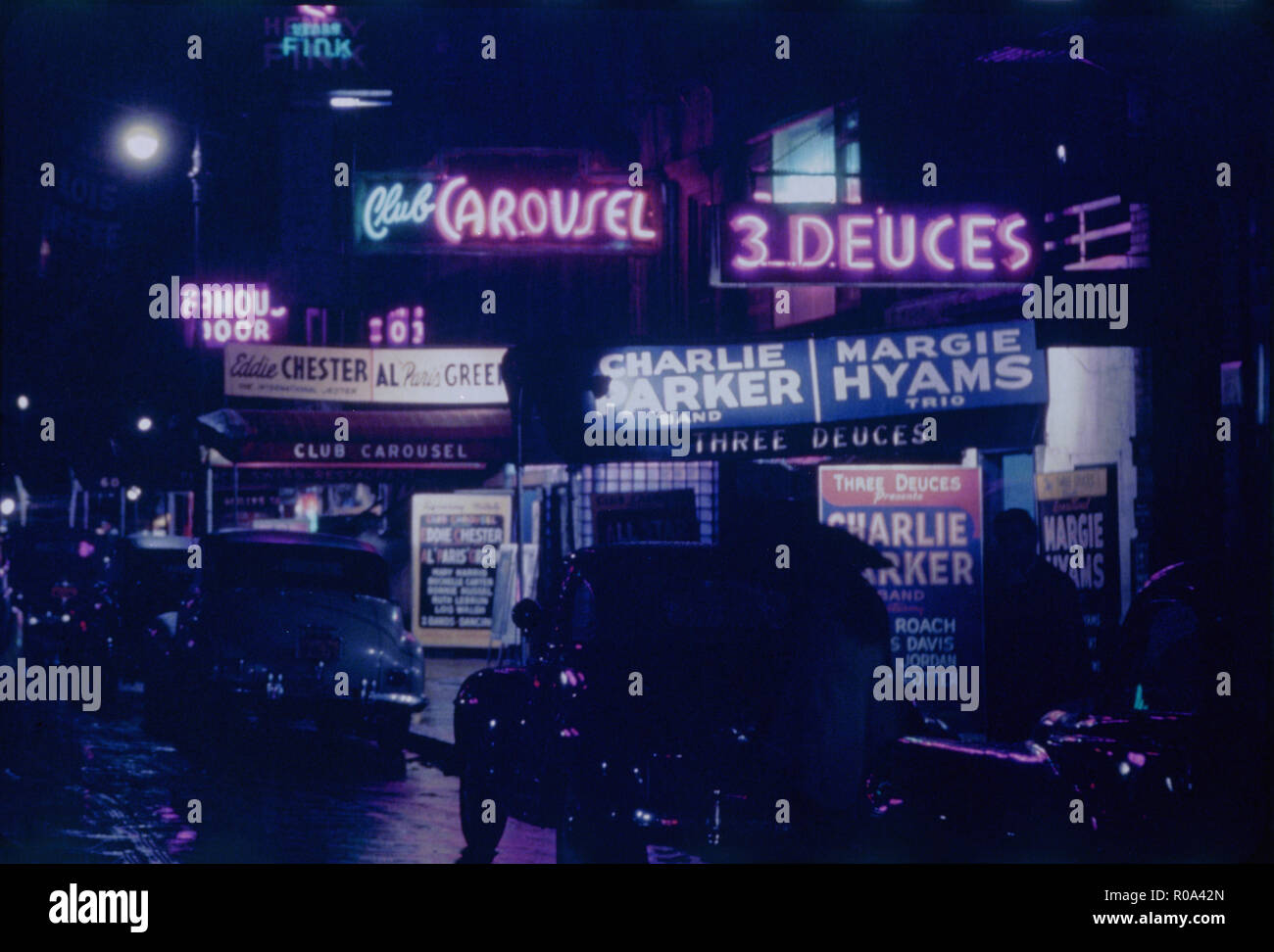 Street Scene bei Nacht, West 52nd Street, New York City, New York, USA, William S. Gottlieb Sammlung, Juli 1948 Stockfoto