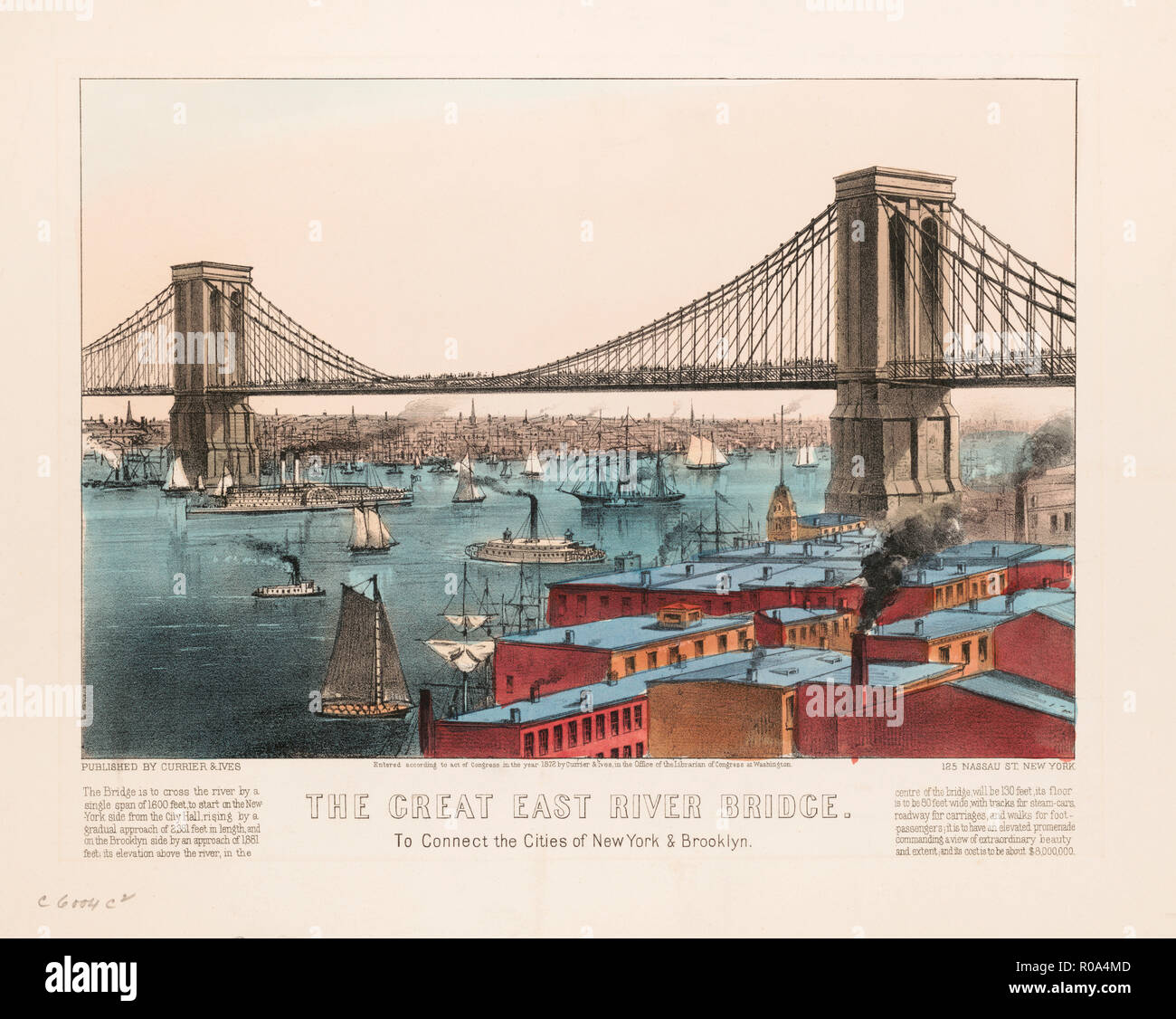 Die große East River Bridge, verbinden die Städte New York und Brooklyn, Hand-Colored Lithographie, Currier & Ives, 1872 Stockfoto