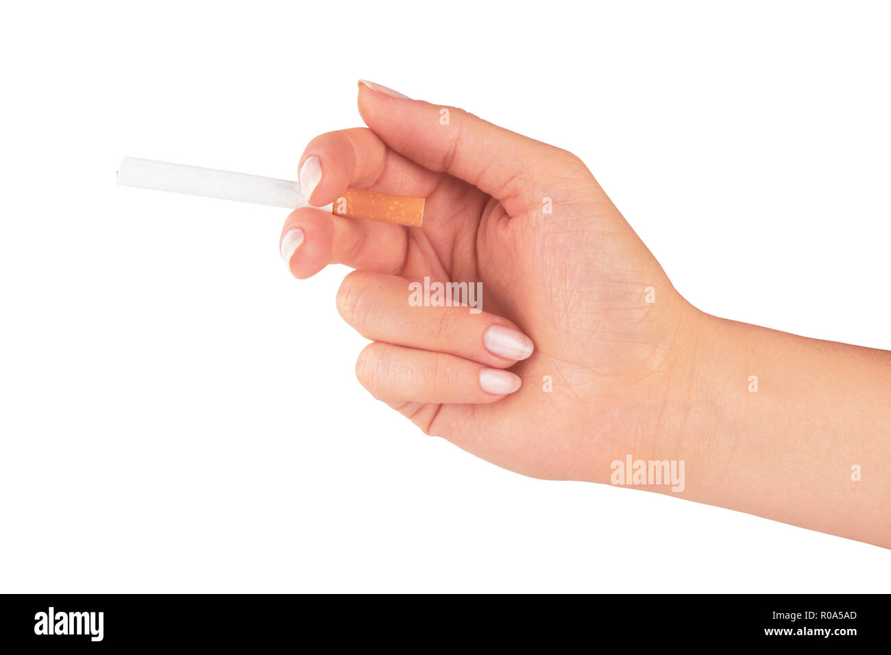 Hand mit Zigarette auf weißem Hintergrund Stockfoto