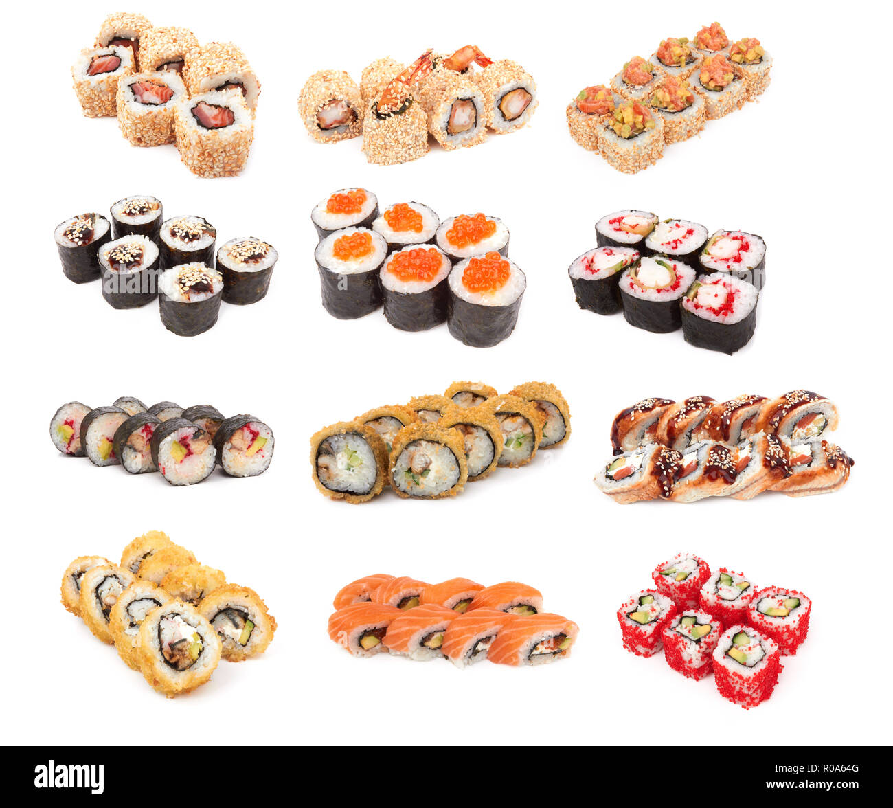 Sushi Stück Sammlung, auf weißem Hintergrund Stockfoto