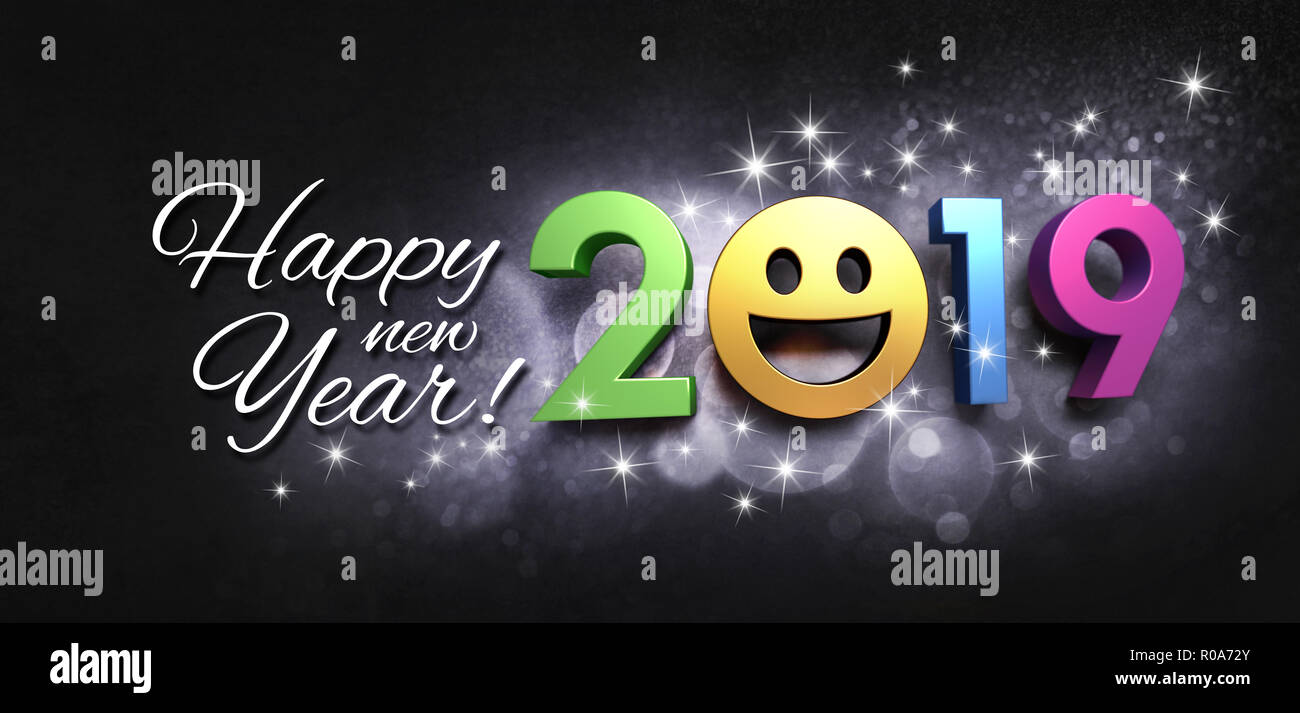 Frohes Neues Jahr Datum 2019 mit einem lächelnden Gesicht und Grüße, auf eine glitzernde schwarze Karte - 3D-Darstellung Stockfoto