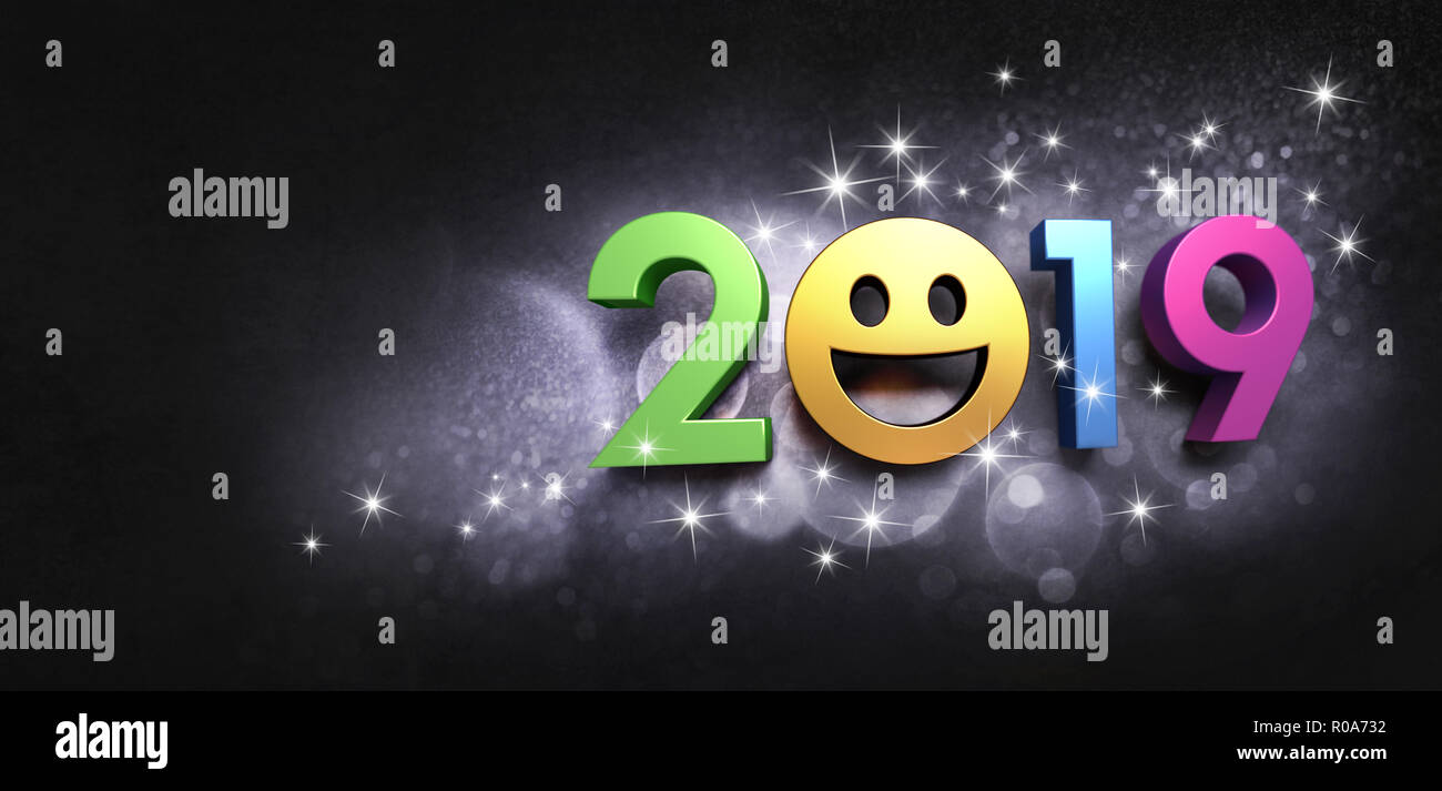 Frohes Neues Jahr Datum 2019 mit einem lächelnden Gesicht, auf eine glitzernde schwarze Karte - 3D-Darstellung Stockfoto