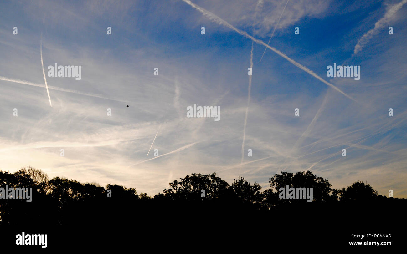 Kondensstreifen, auch Kondensstreifen oder Vapor Trail, Streamer von Cloud manchmal hinter einem Flugzeug fliegen in klaren kalten feuchten Luft beobachtet. Es bildet auf die Kondensation von Wasserdampf durch die Verbrennung von Kraftstoff im Flugzeug Motoren produziert. Wenn die relative Luftfeuchtigkeit hoch ist, die daraus resultierenden ice-crystal Plume kann mehrere Stunden dauern. Die Spur kann durch die Winde verzerrt werden, und manchmal es breitet sich nach außen eine Schicht von Zirruswolken zu bilden. Diese wurden im Süden von England in den frühen Morgenstunden fotografiert. Stockfoto