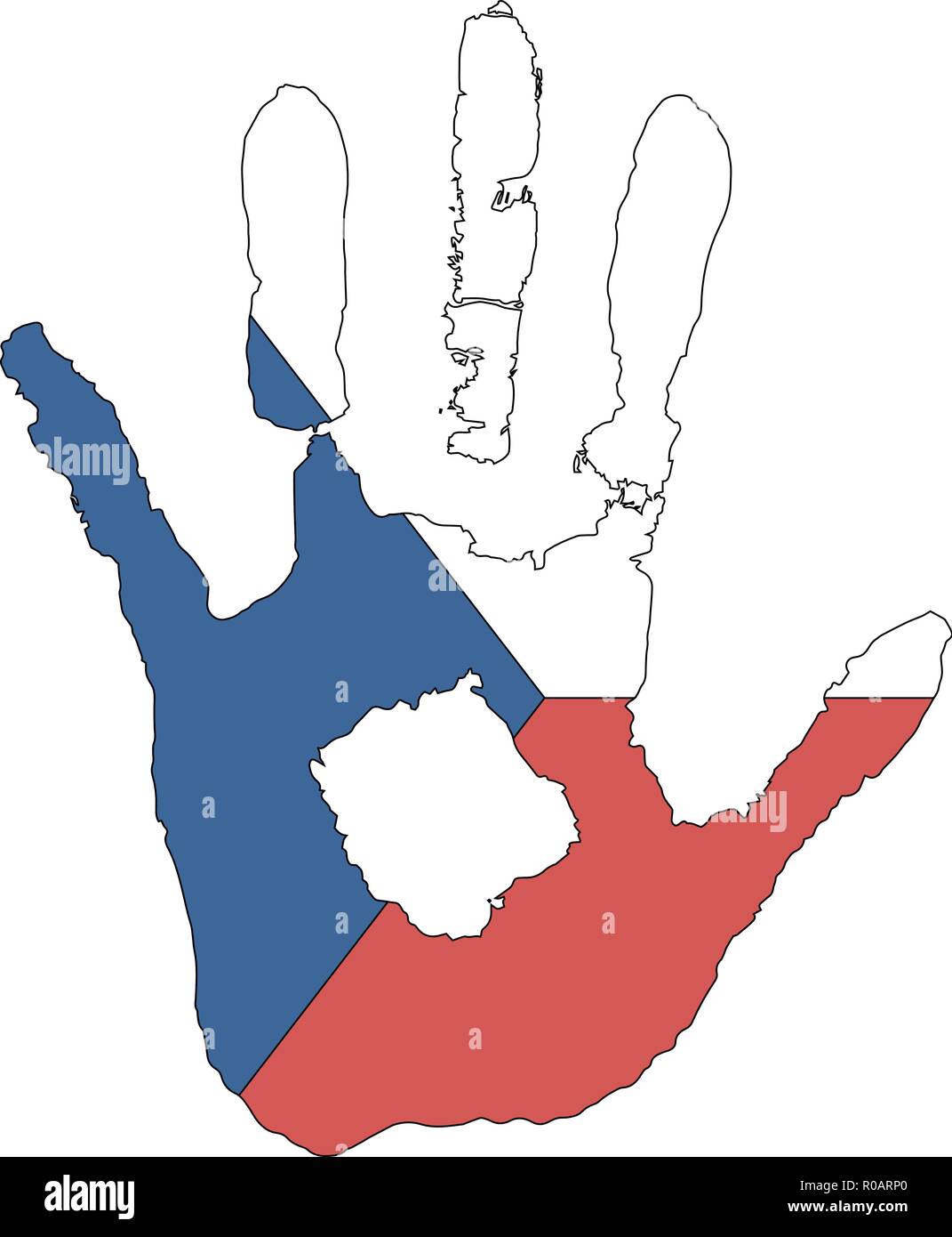 Blau, Weiß, Rot die Farbe der Flagge. Vektor Handabdruck in Form von der Flagge der Tschechischen Republik. Stock Vektor