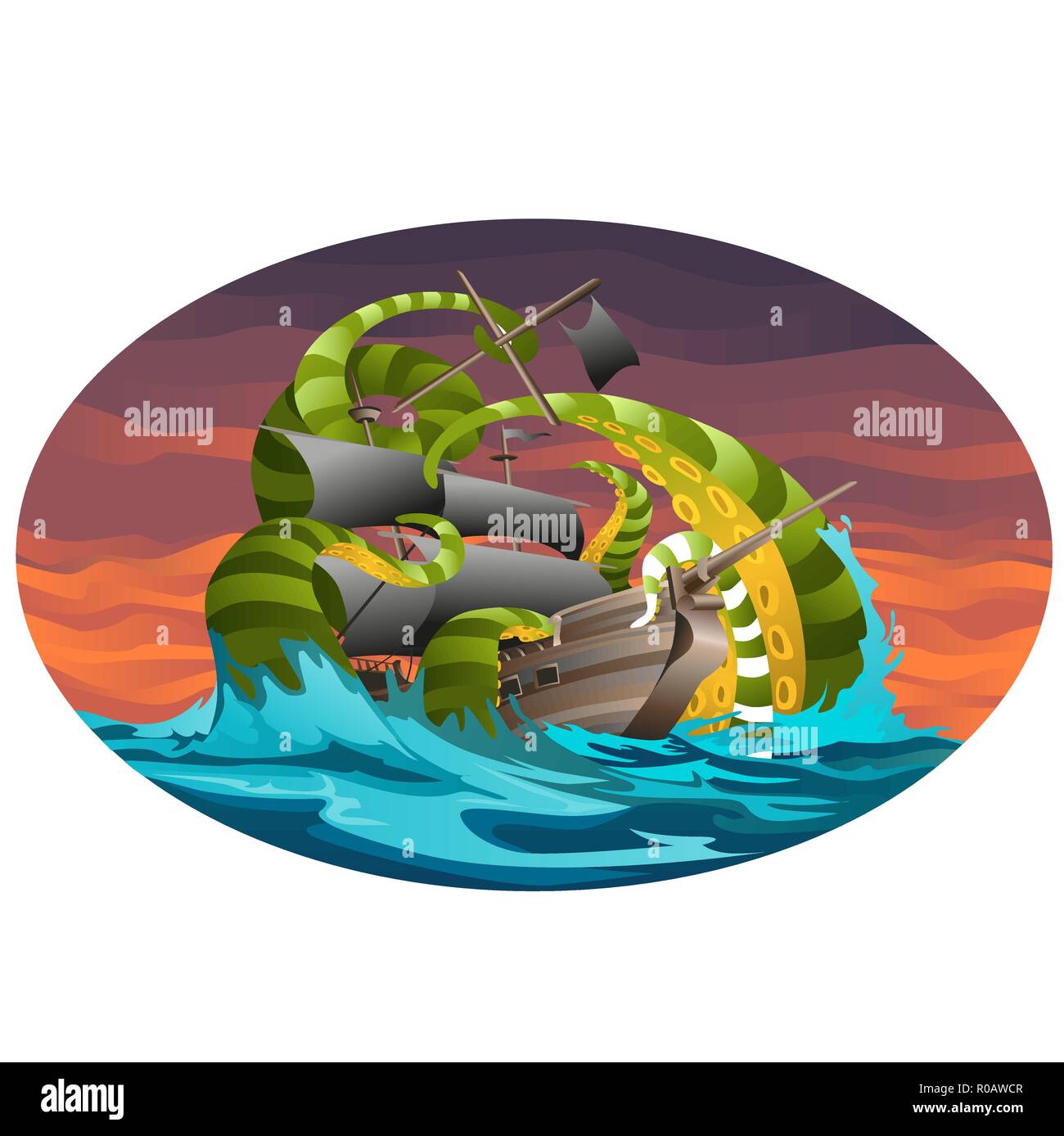 Oval Plakat mit Schiff von Octopus Tentakeln gefangen. Vektor cartoon Close-up Abbildung. Stock Vektor