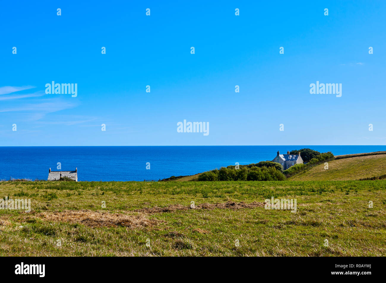 Blick über die Kornische Landspitze mit Gras und ein Haus in den Vordergrund und den Englischen Kanal im Hintergrund mit einem blauen Himmel. Cornwall, England Stockfoto
