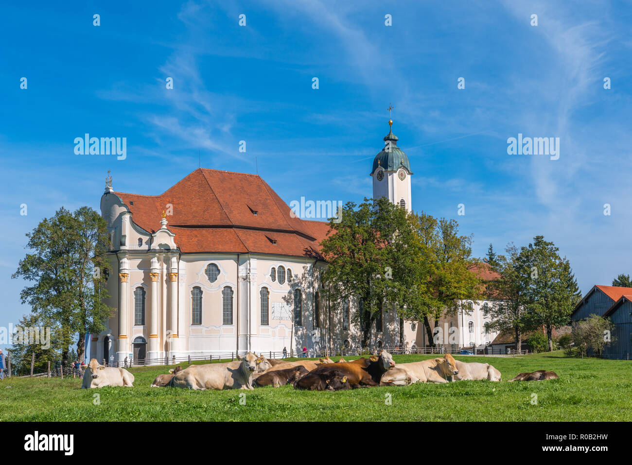 Wieskirche, die Wieskirche, das UNESCO-Weltkulturerbe Wieskirche, Wies, Steingaden, Oberbayern, Bayern, Deutschland Stockfoto