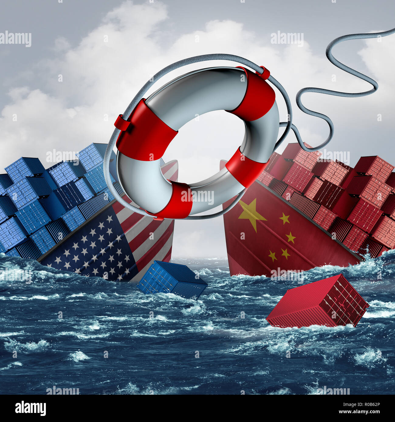 Handelskrieg Lösung wie China United Wirtschaftskrise Staaten und amerikanische Tarife oder Chinesischen Tarif als zwei Untergang Frachtschiffe mit ein Lebensretter. Stockfoto