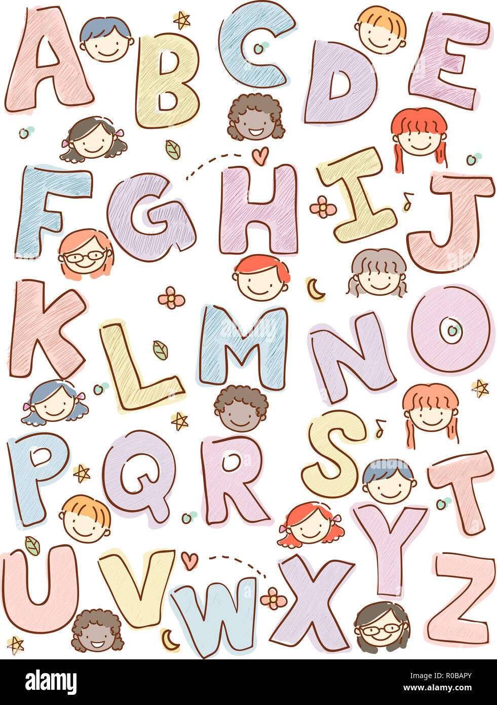 Abbildung: Stickman Kinder Köpfe mit dem Alphabet in Großbuchstaben Stockfoto