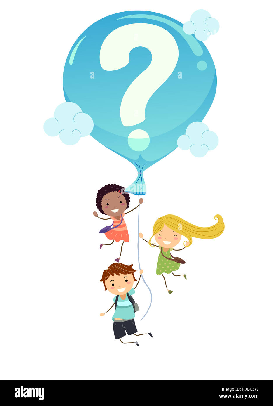 Abbildung: Stickman Student Kinder durch eine Große Blaue Ballon mit einem Fragezeichen durchgeführt Stockfoto