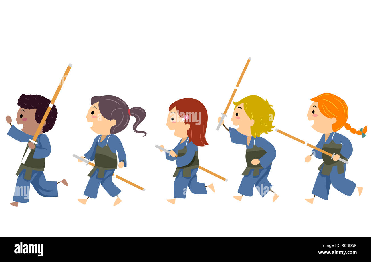 Abbildung: Stickman Kinder tragen Einheitliche und Holding Bambus Bereit für  Kendo Stockfotografie - Alamy