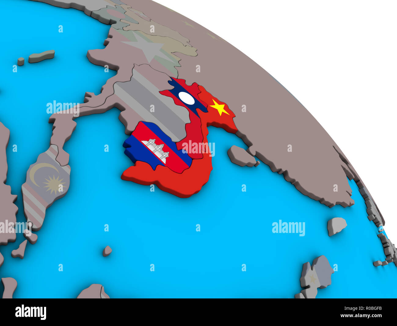 Indochina mit integrierten nationalen Flaggen auf einfache blaue politischen 3D-Globus. 3D-Darstellung. Stockfoto