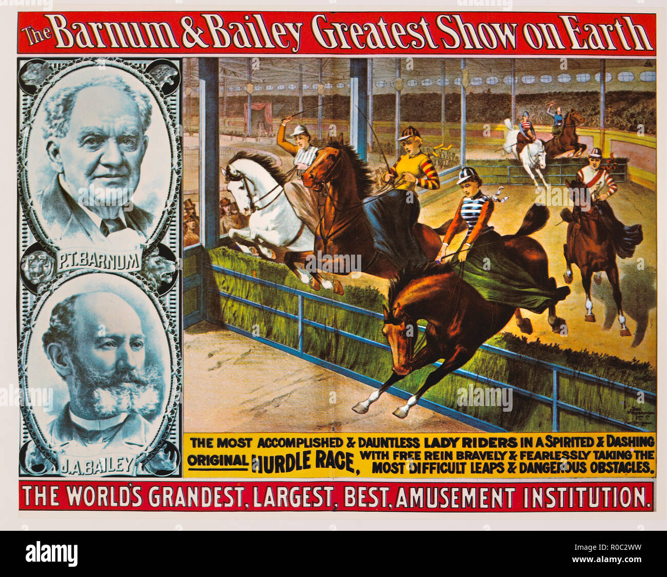 Das Barnum & Bailey größte Show auf der Erde, der weltweit großartigsten, größte, beste Unterhaltung Institution, Lady Riders, Hurdle Race, Zirkus, Poster, Lithographie, 1904 Stockfoto