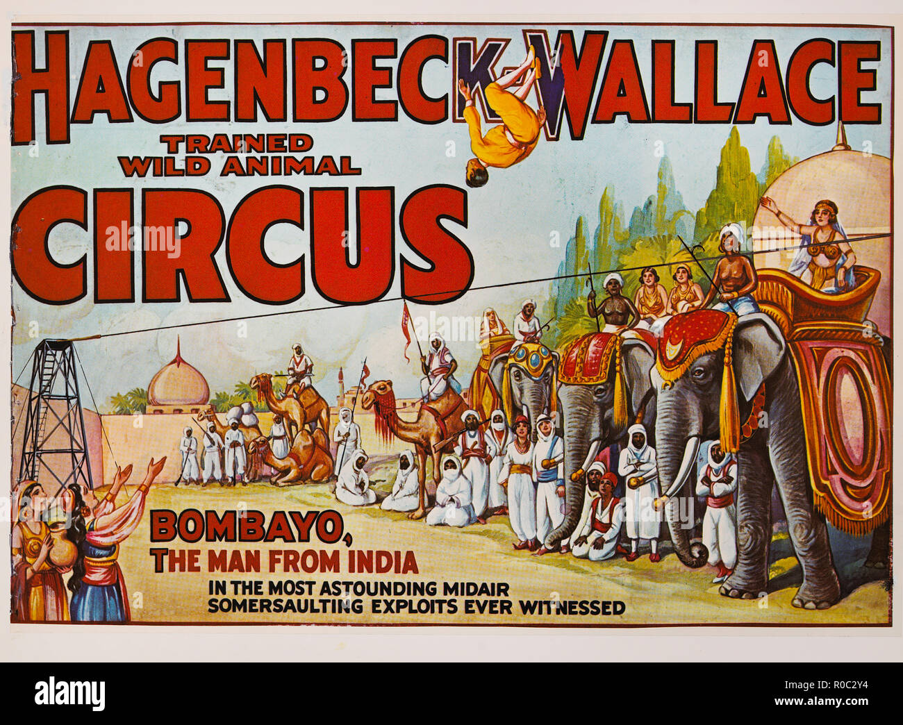 Wildes Tier Hagenbeck-Wallace Circus, Bombayo, der Mann aus Indien, Zirkus, Poster, Lithographie, 1933 geschult Stockfoto