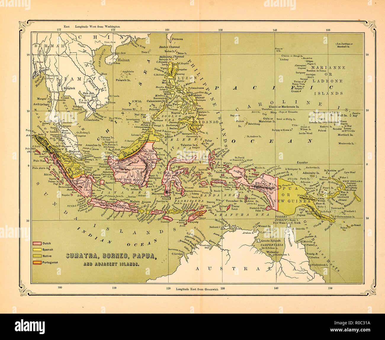 Karte von Sumatra, Borneo, Papua und den angrenzenden Inseln, Anfang 1900 Stockfoto