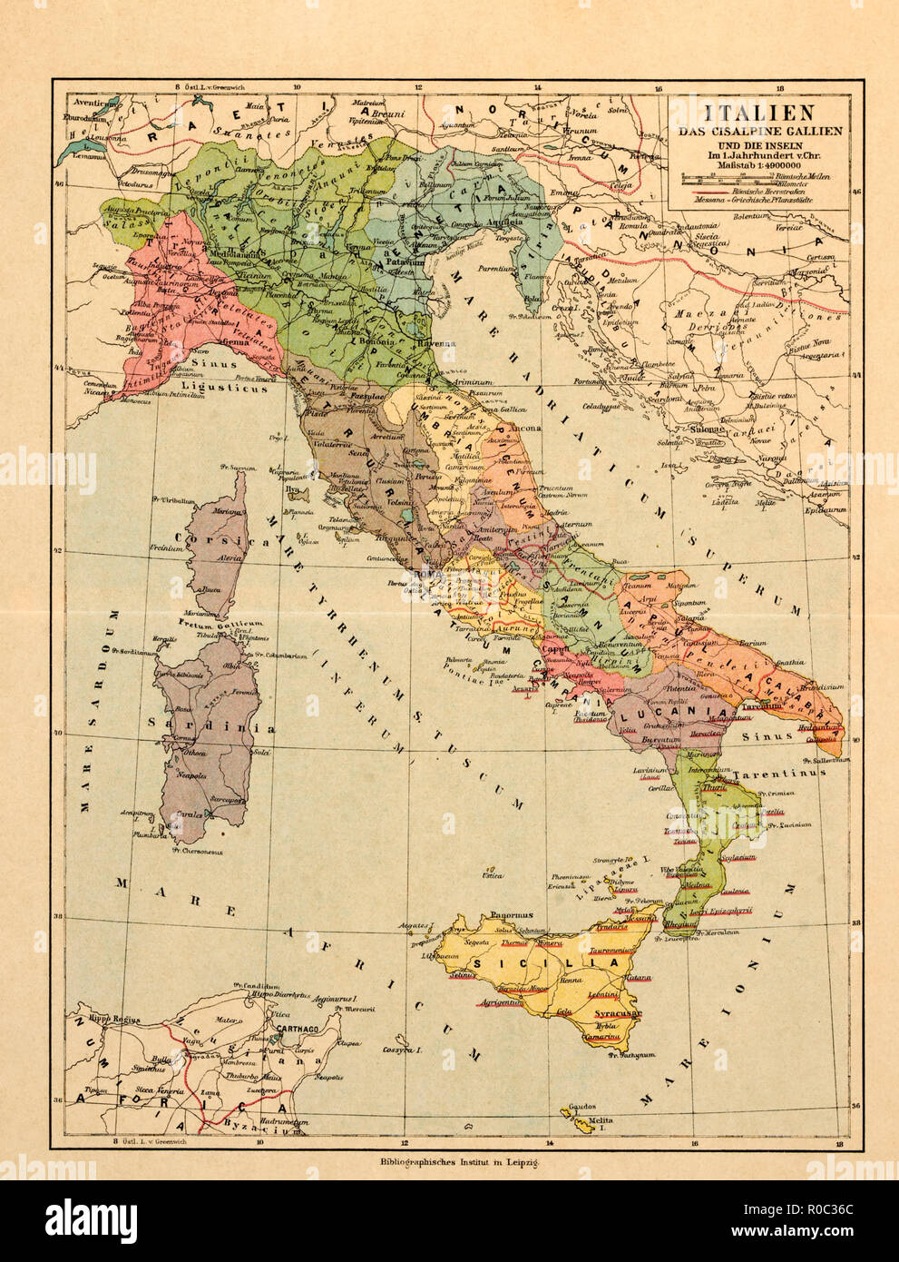 Karte von Italien und den Inseln im 1. Jahrhundert n. Chr. Stockfoto
