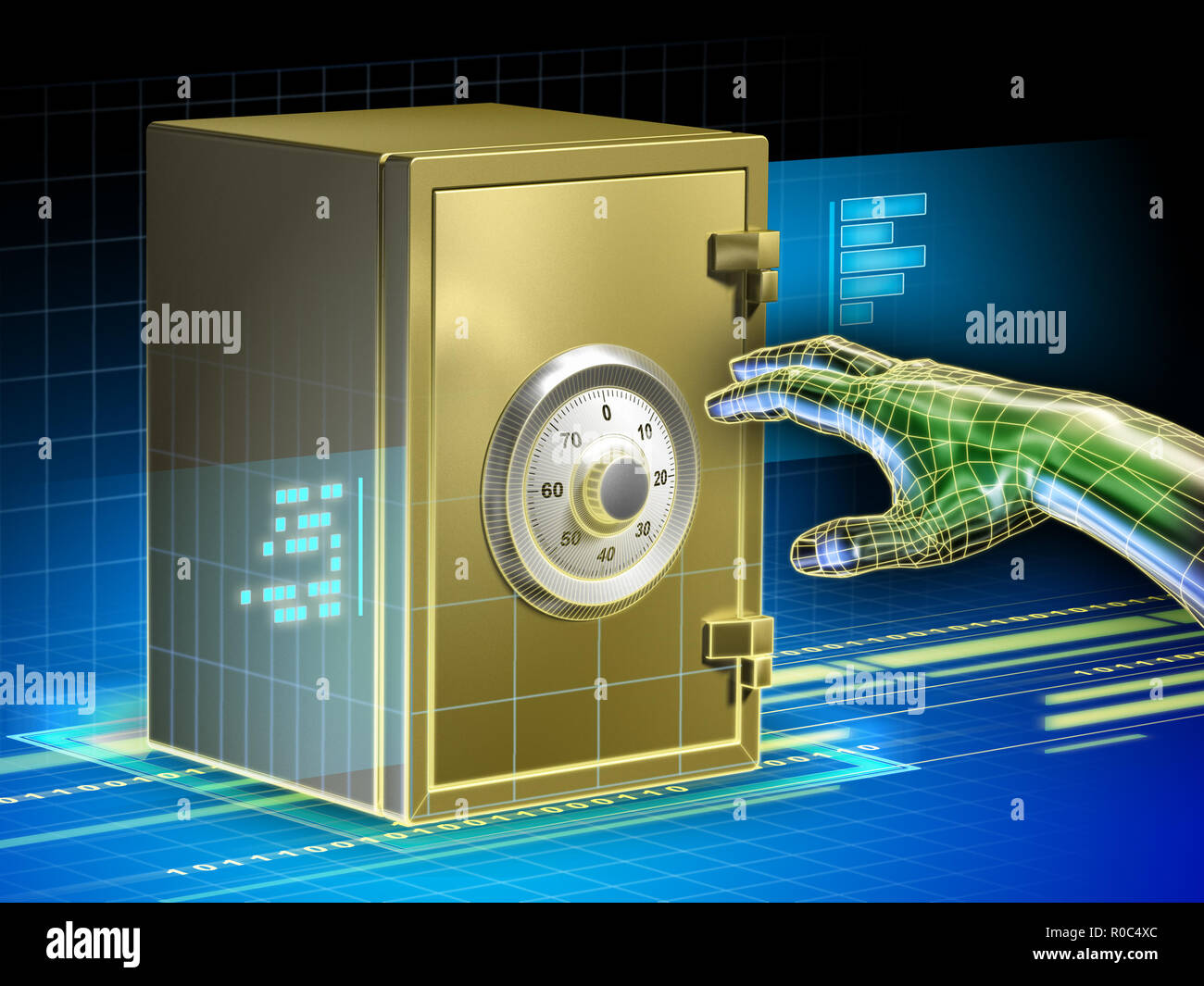 Digitale Daten geschützt durch einen Safe. Ein Hacker, der versucht, den Safe zu öffnen. Digitale Illustration. Stockfoto