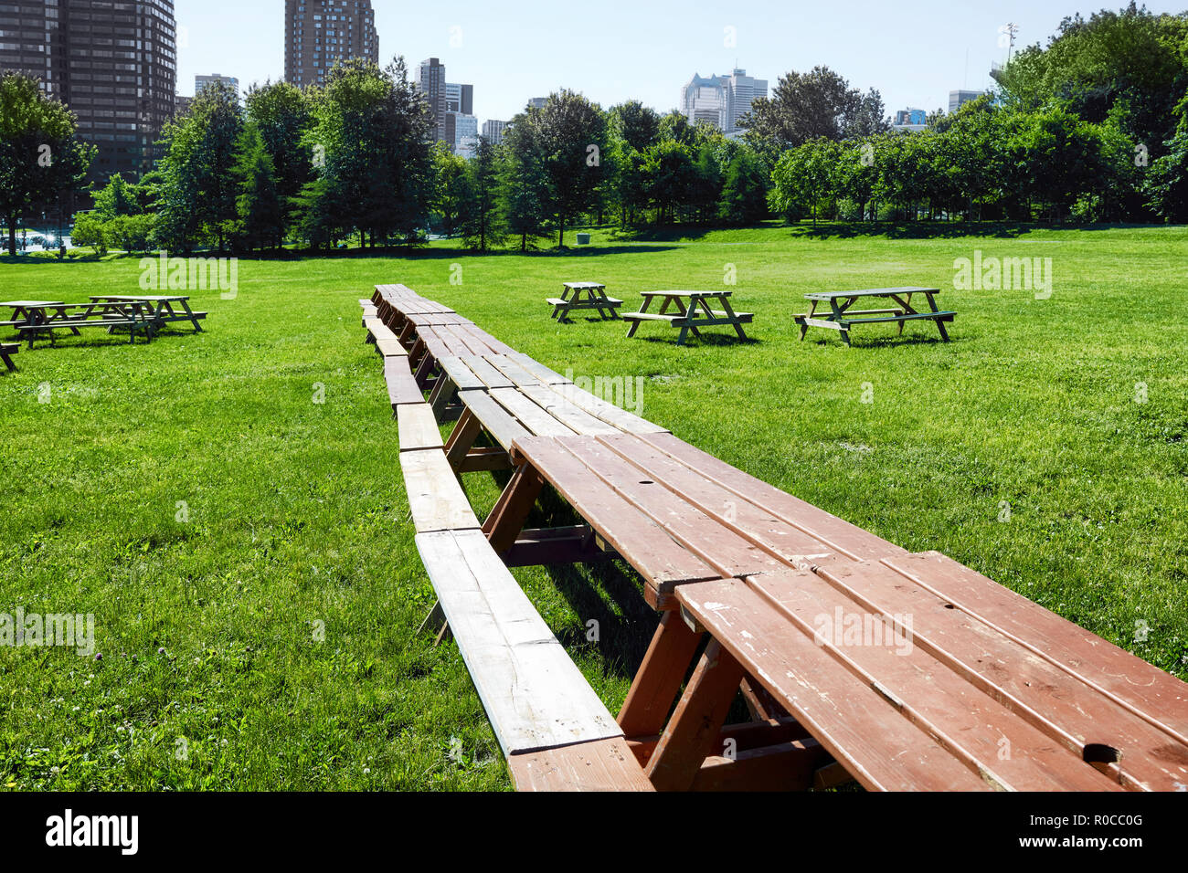 Holz- Picknick Tische auf der grünen Wiese Feld in den Park an einem sonnigen Sommertag Stockfoto