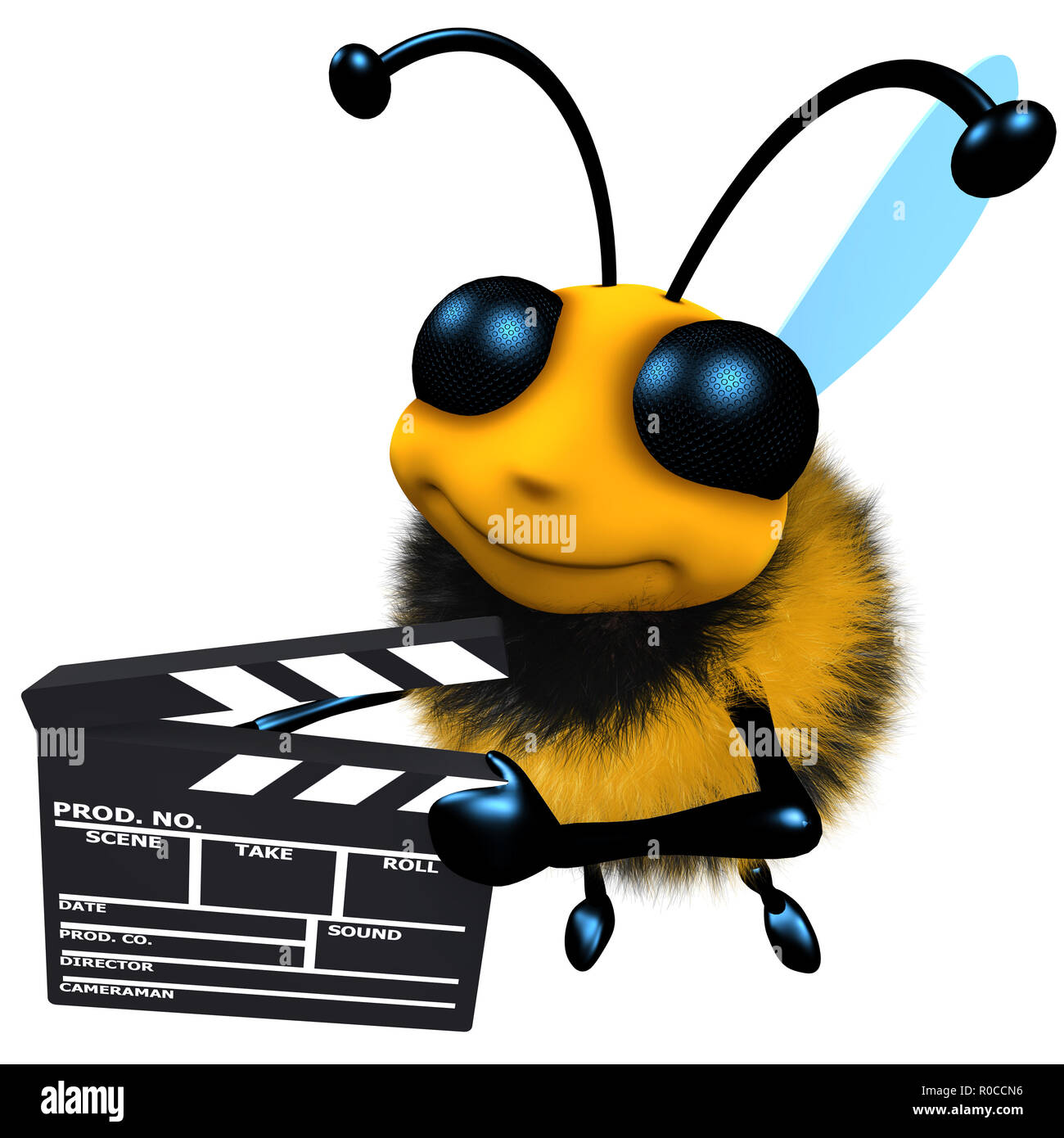 3D-Render eines lustigen Cartoon honey bee Charakter mit einem Filmemacher Klappe Stockfoto